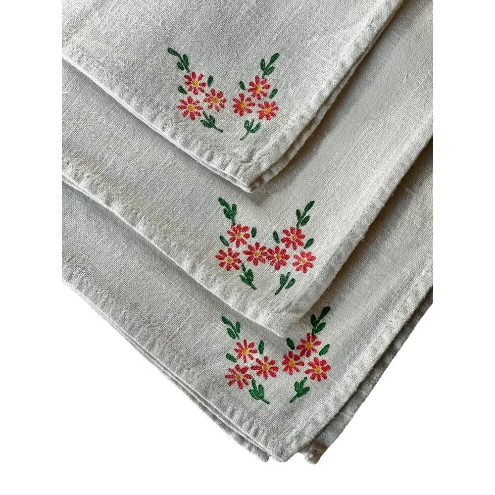 Set Of 8 Cream Cotton Linen Blend Hand-Painted Floral Napkins